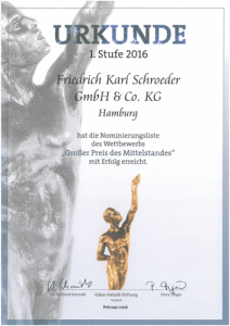 Großer Preis des Mittelstandes Nominierung 2016 Urkunde